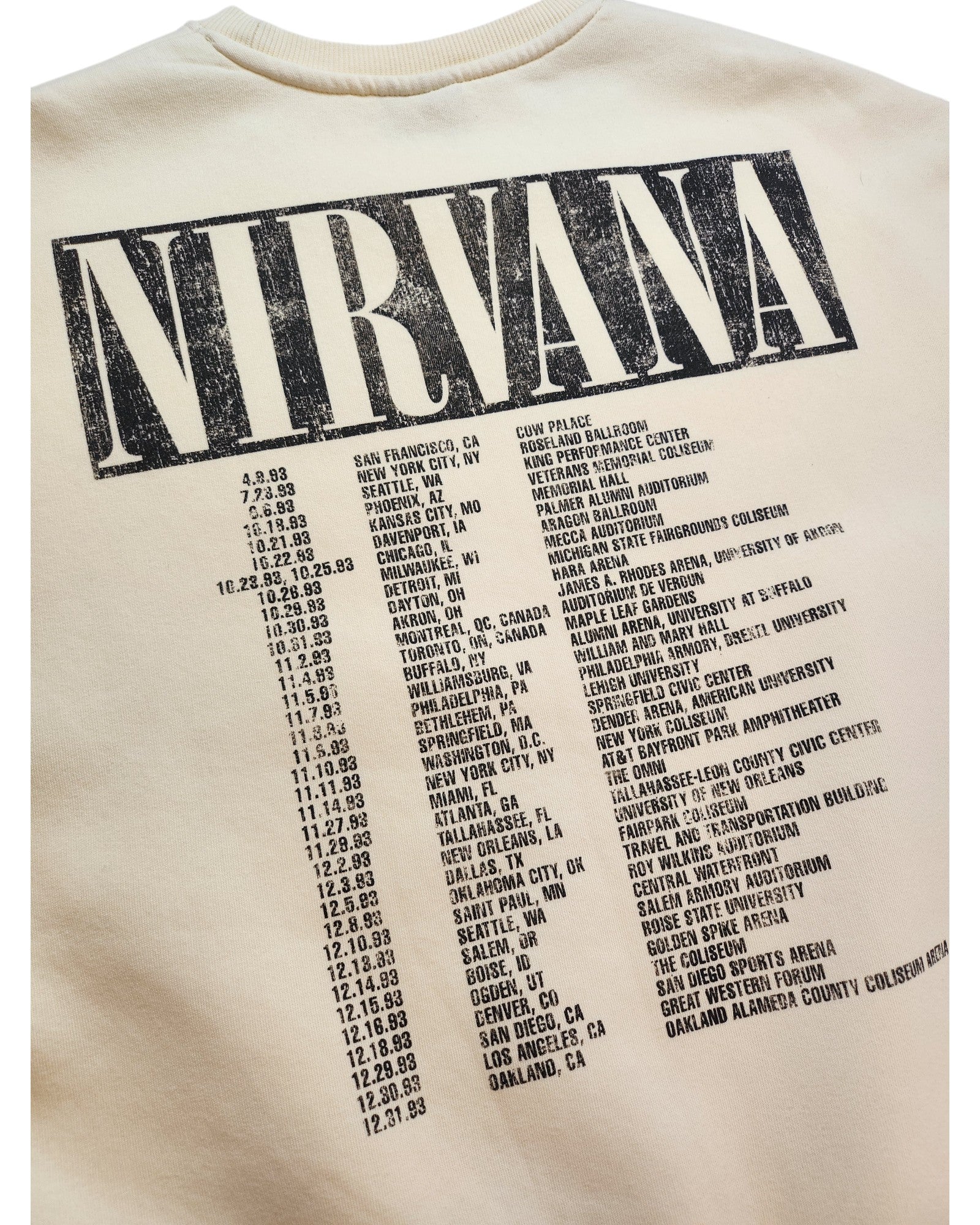 The touched out mama Upcycled Breastfeeding (Nursing) & Pumping Cream Nirvana Sweatshirt L features a stylized NIRVANA design with 1988–1989 tour dates and cities in black, crafted from upcycled clothing for an eco-friendly touch.