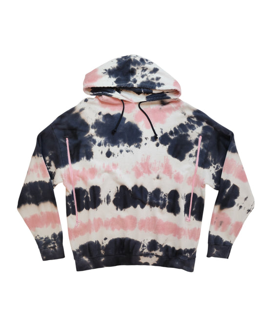 The Upcycled Breastfeeding & Pumping Tie-dye Topshop Hoodie by touched out mama blends black, pink, and white for an artistic casual style. It includes a front pocket, drawstring hood, ribbed cuffs and hem—embracing sustainability with flair.