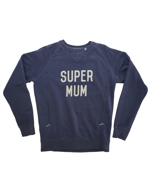 The Upcycled Breastfeeding & Pumping Super Mum Sweatshirt L by touched out mama is a navy blue eco-friendly sweatshirt with SUPER MUM in white on the front. It features long sleeves and a classic crew neck, ideal for those seeking sustainable fashion and comfort.