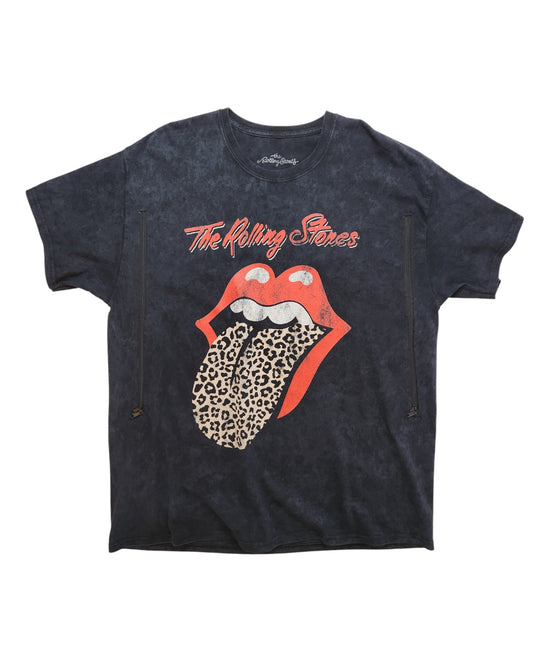 The touched out mama Upcycled Nursing & Pumping The Rolling Stones Leopard T-shirt L is a preloved black tee featuring red lips with a leopard-print tongue and the band name in red cursive above.