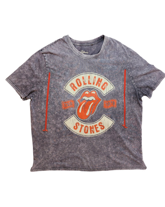 Touched Out Mamas upcycled 4XL grey/red breastfeeding and pumping Rolling Stones T-shirt features the iconic red tongue and lips logo with Rolling Stones Tour 1978 in red and white, accented by two vertical red lines for a faded rocker vibe. Embrace eco-friendly fashion now!.