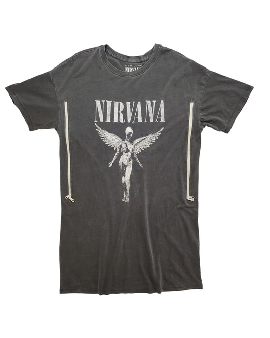 The upcycled Breastfeeding & Pumping Nirvana T-shirt Dress UK12 by touched out mama features a white anatomical winged figure with NIRVANA above it. Vertical zippers on each side blend iconic style and eco-friendly fashion.