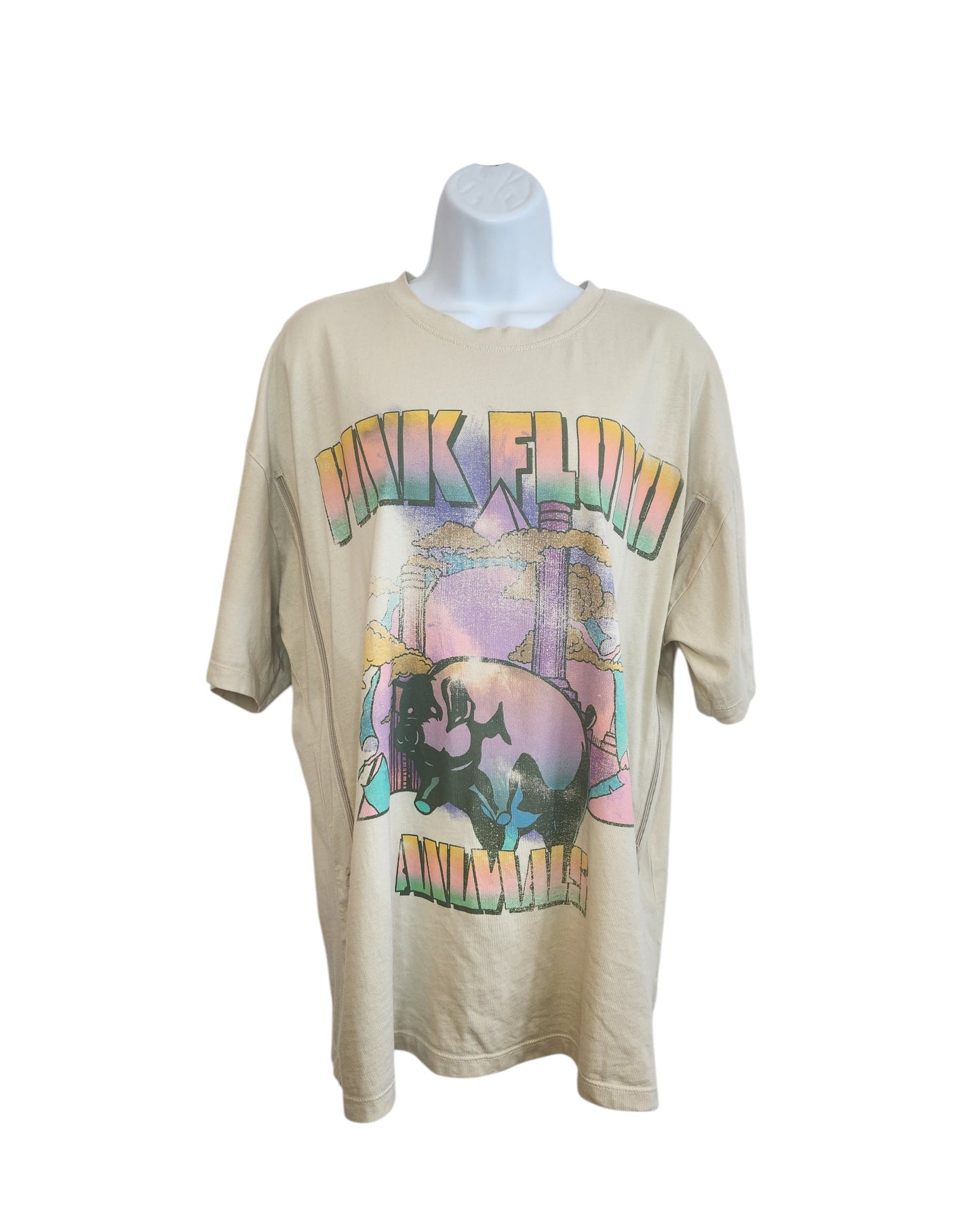 A cream Pink Floyd band T-shirt (Primark, UK12/14) upcycled for breastfeeding and pumping, shown on a mannequin torso against a white background.