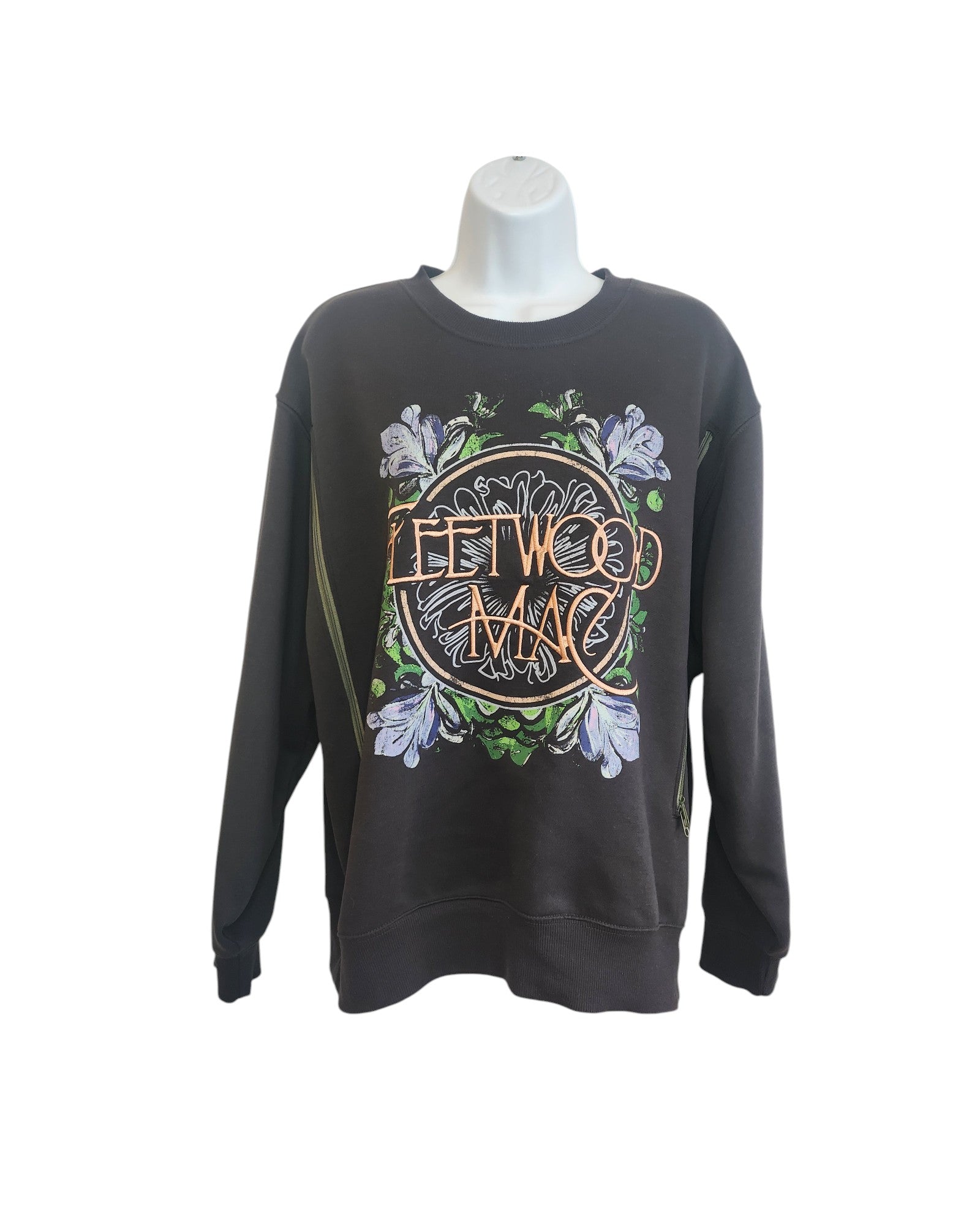 A grey upcycled Fleetwood Mac sweatshirt from Primark, size M, designed for breastfeeding and pumping with embroidered details, displayed on a white mannequin.