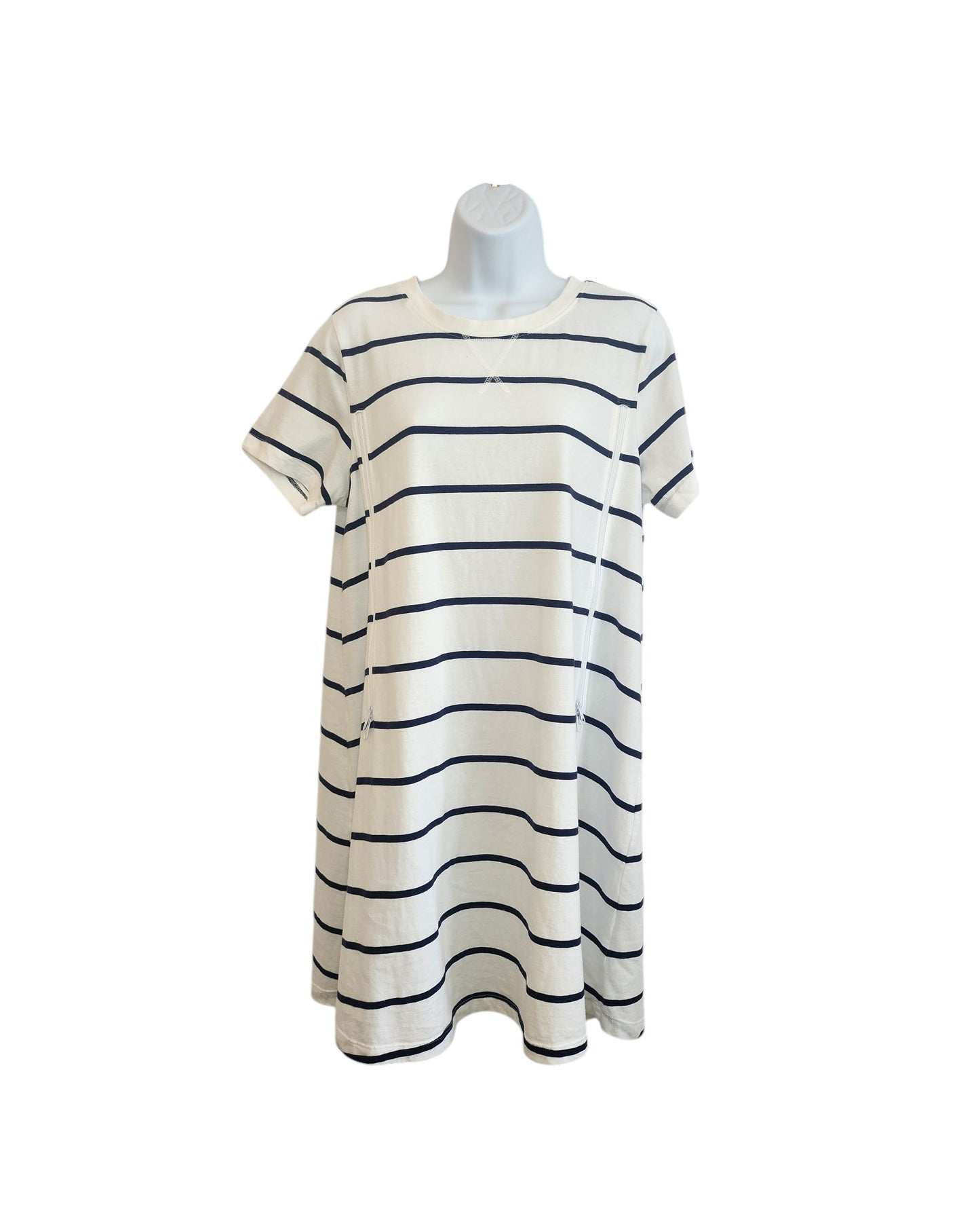 The Papaya Upcycled Breastfeeding & Pumping White/Navy Stripe t-shirt dress UK14, a short-sleeve, knee-length eco-friendly dress, is displayed on a mannequin against a plain white background.
