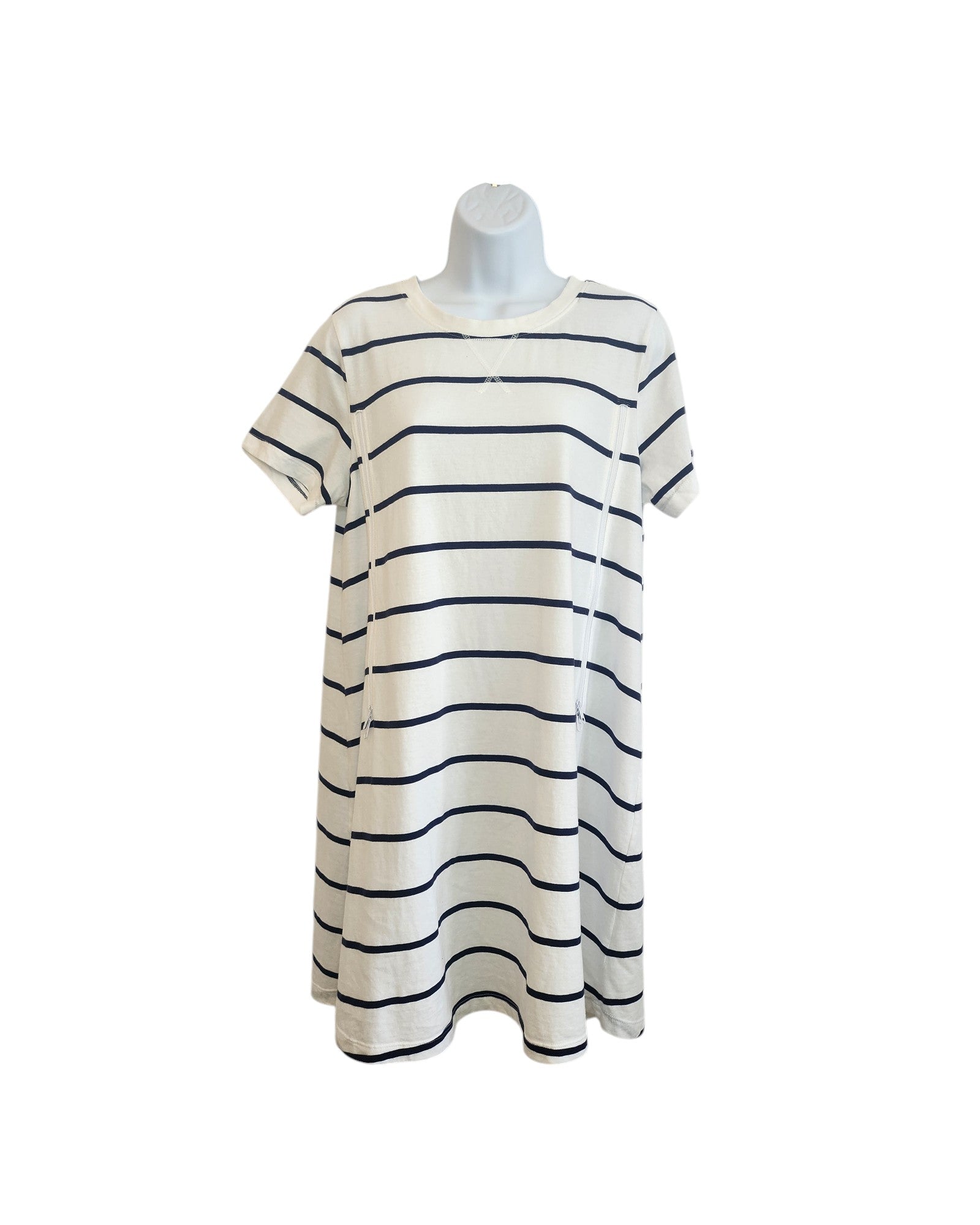 The Papaya Upcycled Breastfeeding & Pumping White/Navy Stripe t-shirt dress UK14, a short-sleeve, knee-length eco-friendly dress, is displayed on a mannequin against a plain white background.
