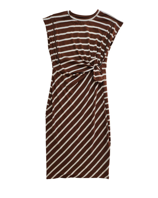 Upcycled TikTok Breastfeeding & Pumping t-shirt dress in brown/cream stripes (XL). Features a round neckline and knotted waist detail—an elegant preloved piece for effortless nursing style.
