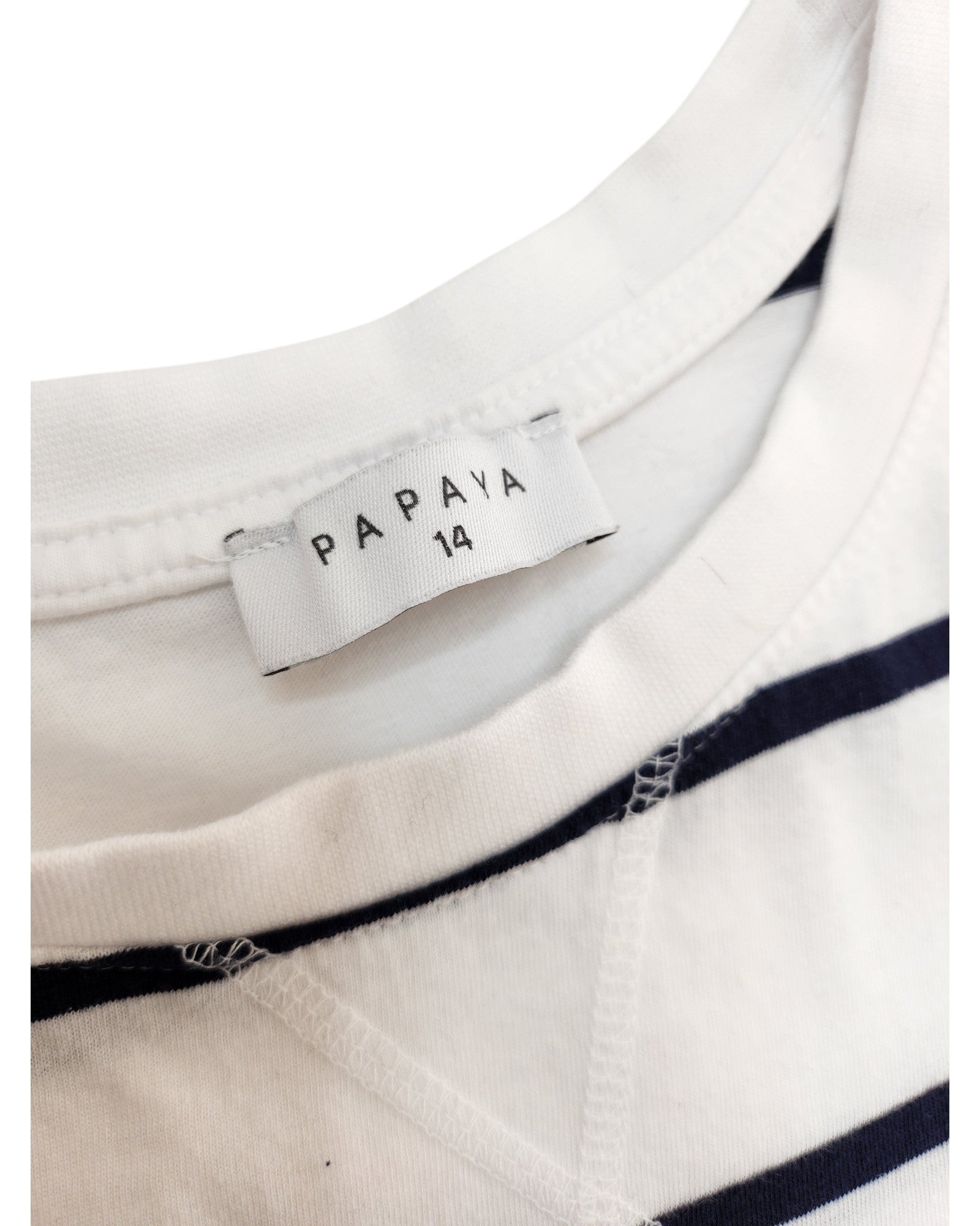 Close-up of a Papaya Upcycled Breastfeeding & Pumping White/Navy Stripe t-shirt dress (UK14), featuring a label sewn in the neckline—a chic example of eco-friendly, upcycled fashion.