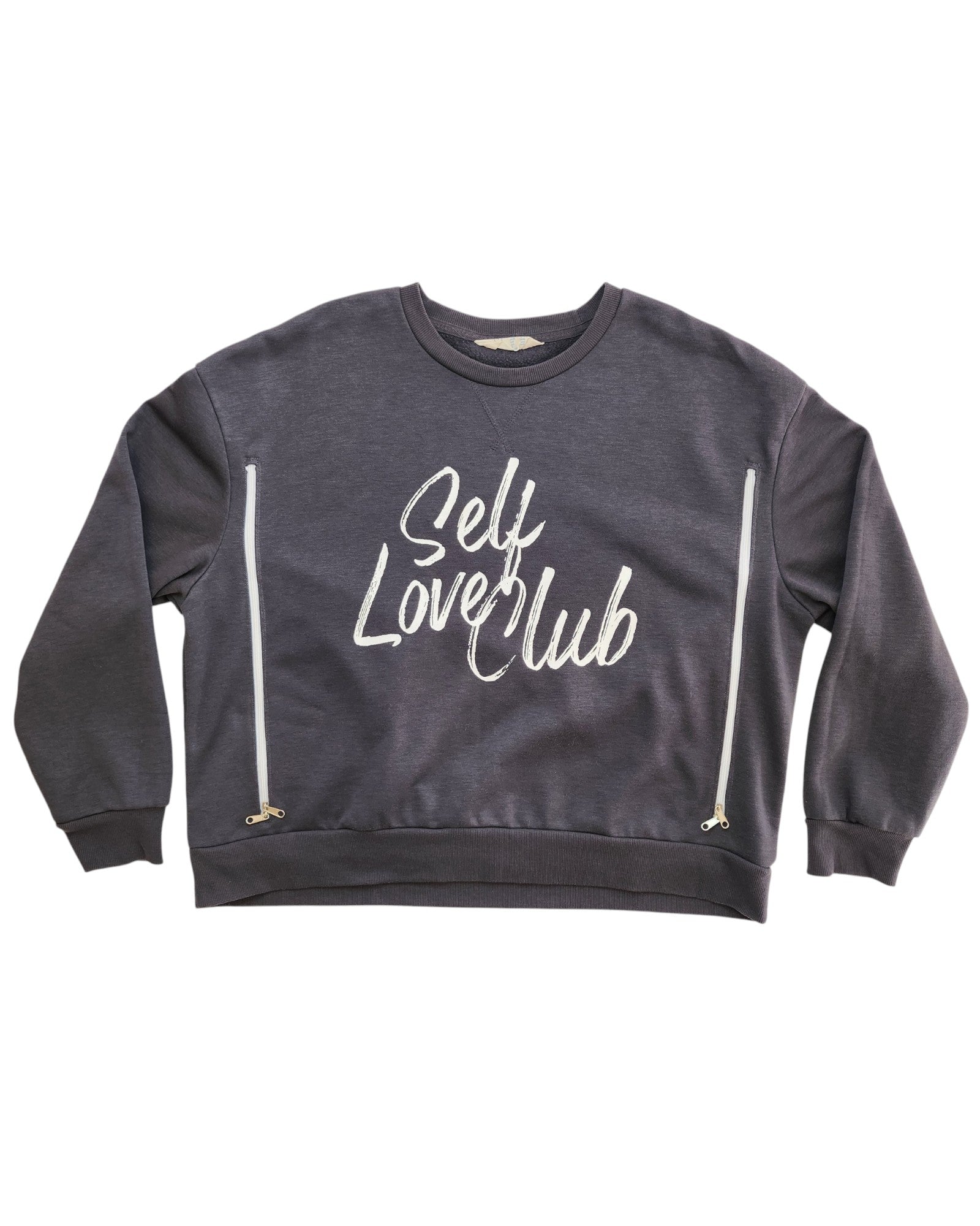 Primark Upcycled Breastfeeding & Pumping Grey Self Love Club Sweatshirt (L, UK14/16) features Self Love Club in white script, two vertical zip pockets, and offers a stylish preloved addition to your wardrobe.