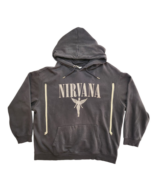 The H&M Upcycled Breastfeeding & Pumping Grey Nirvana Hoodie XL features a bold NIRVANA print above an angel graphic, front pocket, and drawstrings—combining comfort and nursing functionality in a preloved piece.