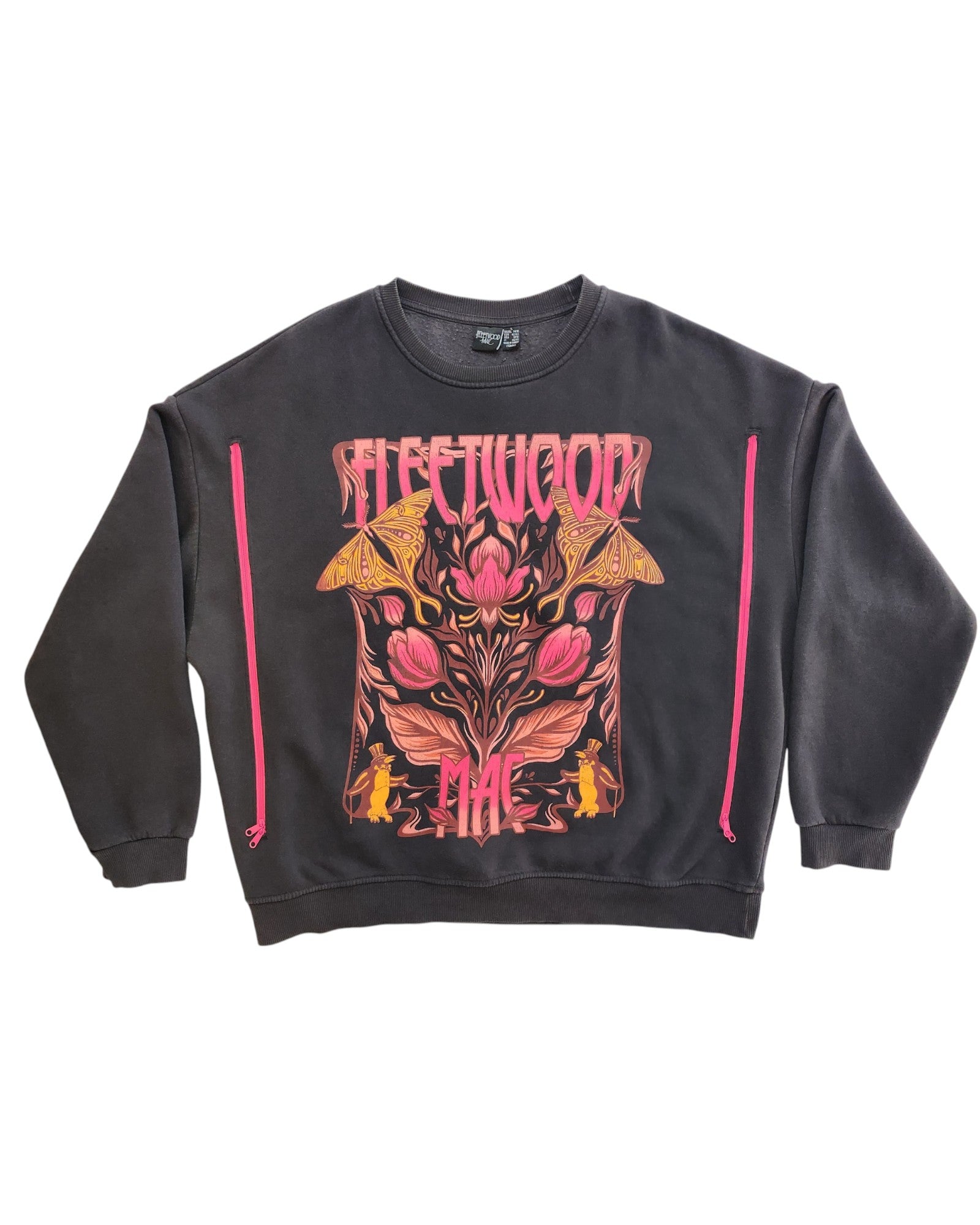 This upcycled Primark dark grey Fleetwood Mac sweatshirt (UK14/16) features pink and orange floral and mushroom designs, bold band lettering above and below, plus vertical pink lines on the front. Breastfeeding & pumping friendly.