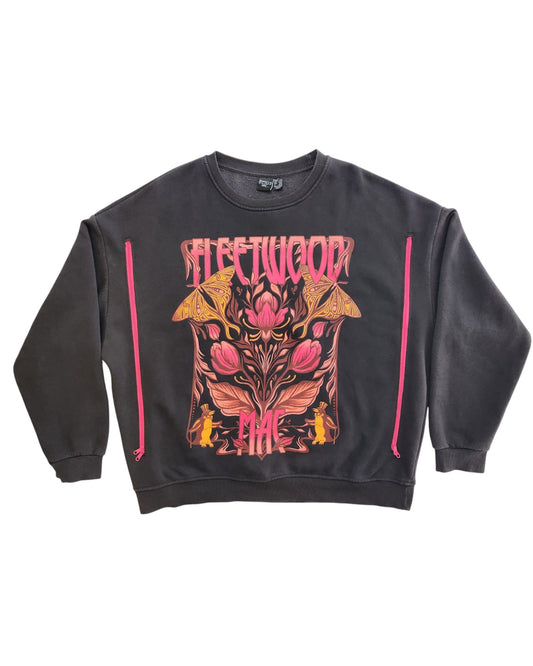 This upcycled Primark dark grey Fleetwood Mac sweatshirt (UK14/16) features pink and orange floral and mushroom designs, bold band lettering above and below, plus vertical pink lines on the front. Breastfeeding & pumping friendly.