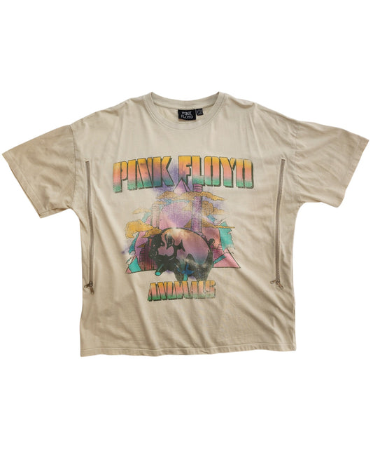 Affordable upcycled cream Pink Floyd t-shirt by Primark (UK14/16), perfect for breastfeeding and pumping, featuring pastel geometric shapes, a pig image, and bold stylized band name and album title on the front.