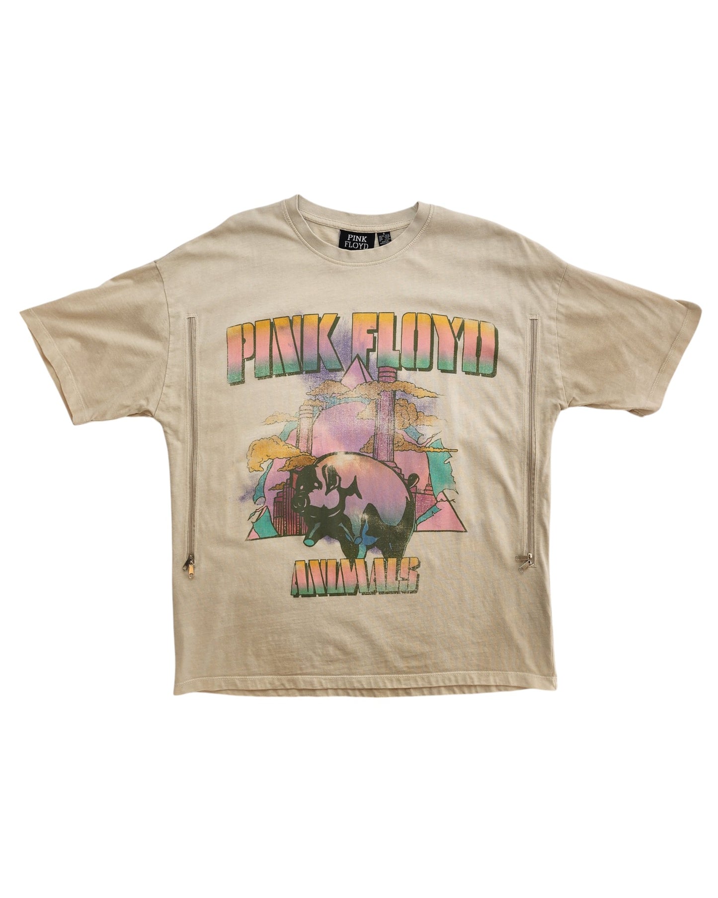 Upcycled Primark Breastfeeding & Pumping Cream Pink Floyd t-shirt (S/UK10-12) made from preloved clothing, with colorful Animals graphic, pig and buildings, PINK FLOYD above, ANIMALS below, and two vertical side zippers.