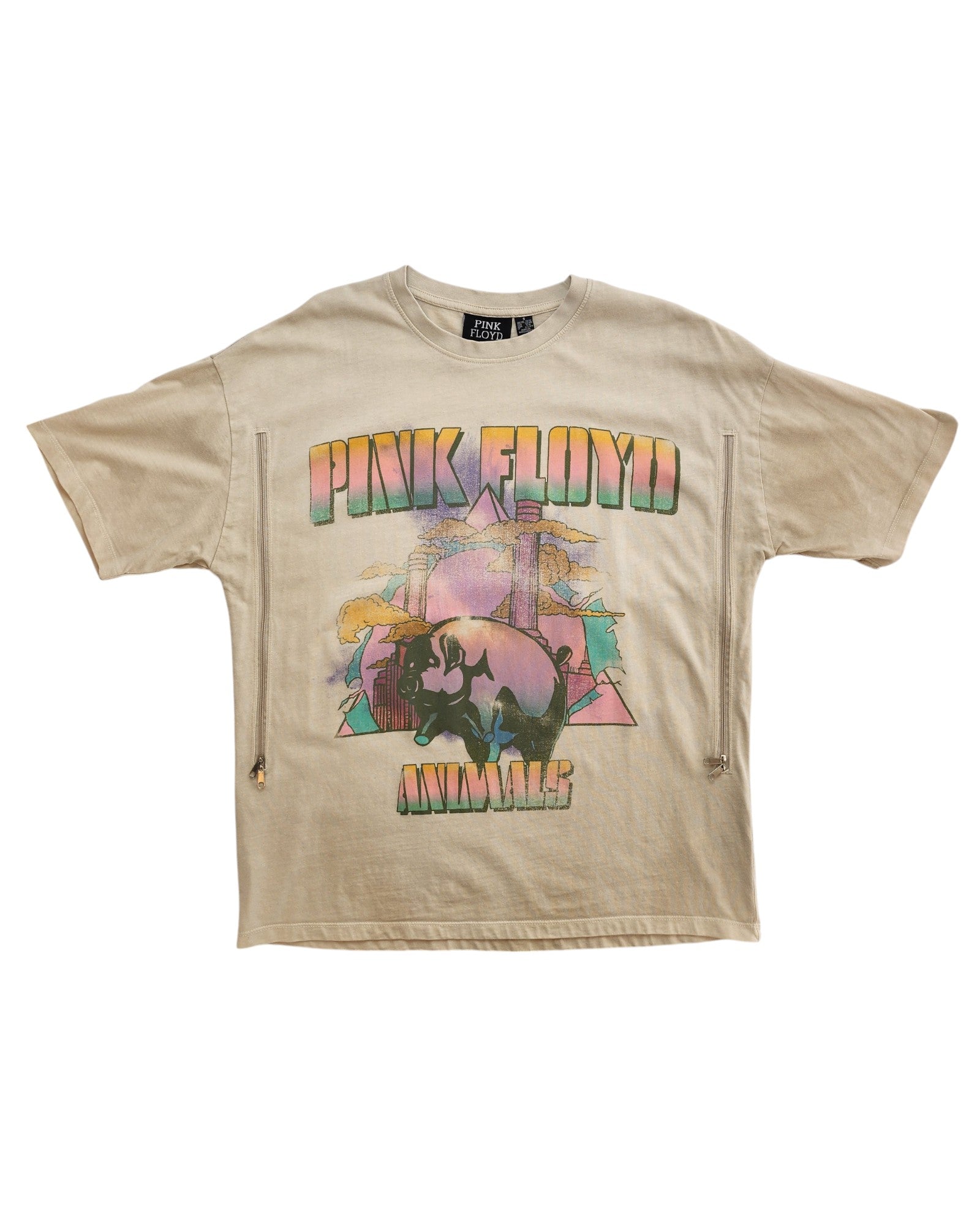 Upcycled Primark Breastfeeding & Pumping Cream Pink Floyd t-shirt (S/UK10-12) made from preloved clothing, with colorful Animals graphic, pig and buildings, PINK FLOYD above, ANIMALS below, and two vertical side zippers.