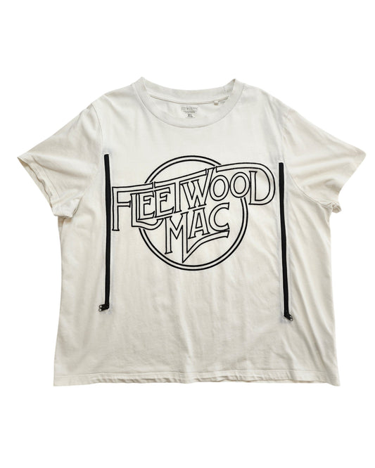 The Fleetwood Mac Upcycled Breastfeeding & Pumping T-shirt XL is a white/black, eco-friendly top with a retro logo in a circle, made from sustainable materials and designed for nursing and pumping.