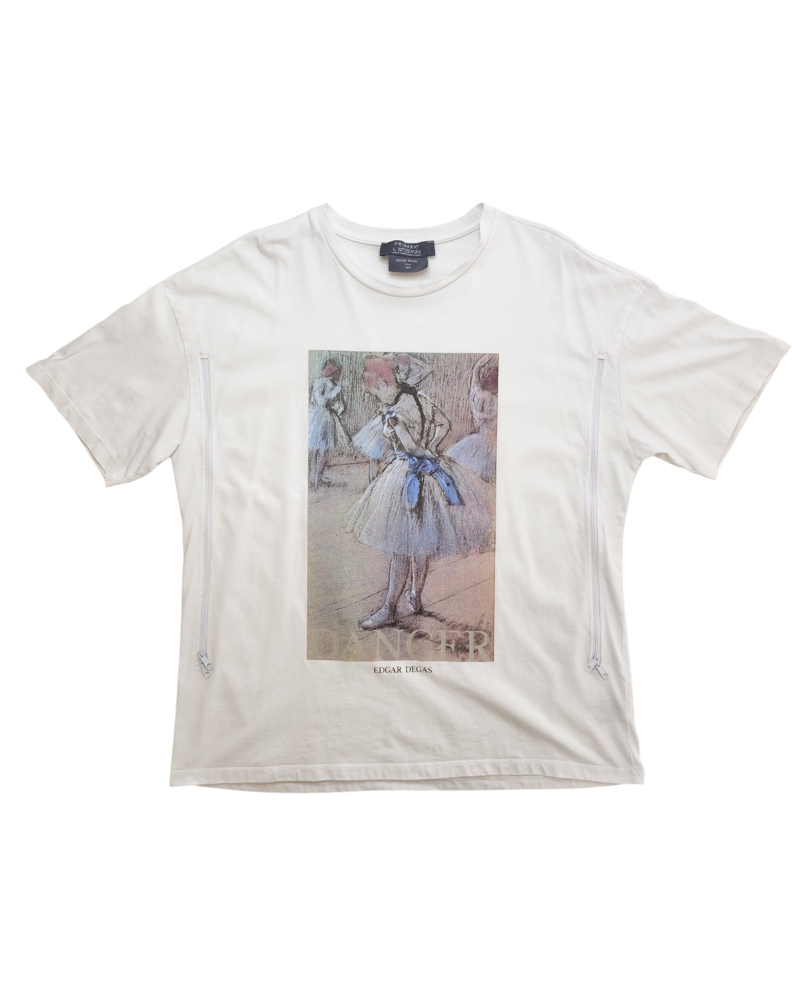 The Primark Upcycled Breastfeeding & Pumping White Ballet Art T-shirt (L, UK14/16) features a vintage pastel ballerinas print and side zippers, combining function and style for nursing moms.