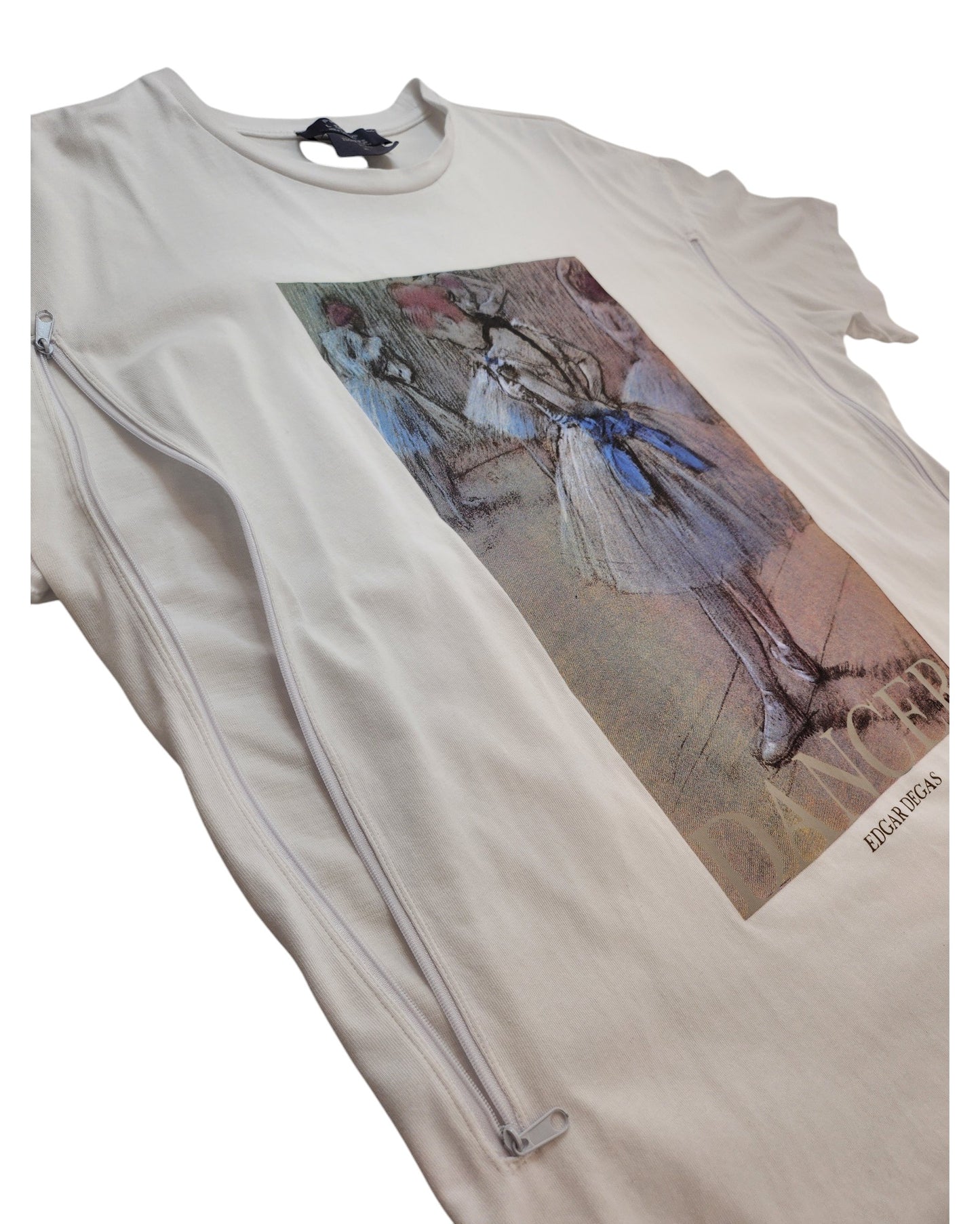 Primark Upcycled Breastfeeding & Pumping White Ballet Art T-shirt (L, UK14/16): Features ballerina print, blue ribbon, two diagonal zippers for nursing, “DANCER” and “EDGAR DEGAS” text. Made from preloved clothing for unique style.