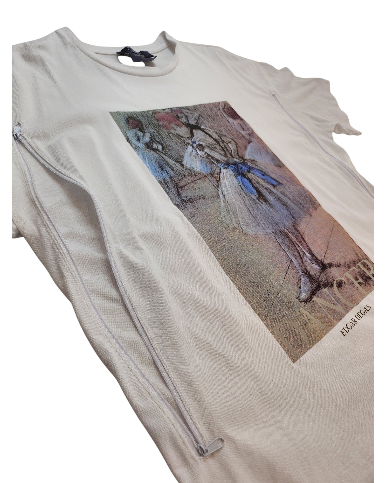 Primark Upcycled Breastfeeding & Pumping White Ballet Art T-shirt (L, UK14/16): Features ballerina print, blue ribbon, two diagonal zippers for nursing, “DANCER” and “EDGAR DEGAS” text. Made from preloved clothing for unique style.