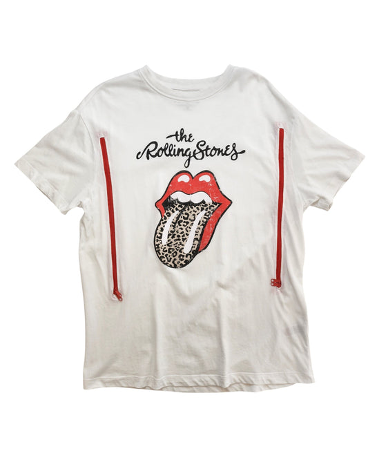 This upcycled New Look UK12 white Rolling Stones tee features nursing & pumping access, The Rolling Stones text, a leopard print tongue graphic, and bold stripes—ideal for preloved fashion and statement style lovers.