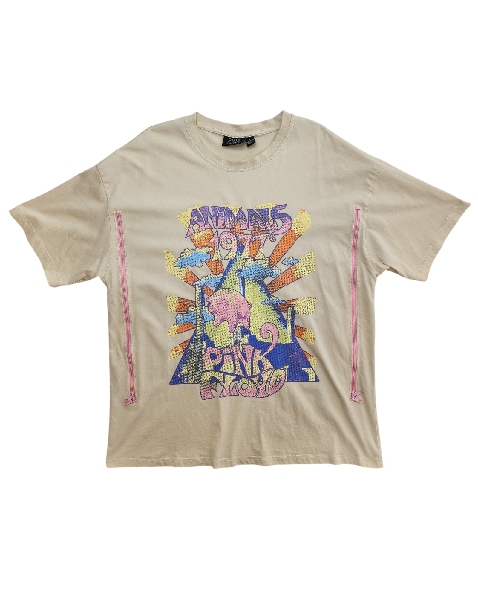 The Primark Upcycled Breastfeeding & Pumping Cream Pink Floyd t-shirt (M) features colorful vintage “Animals 1977” graphics, an illustrated pig, and two pink zippers for nursing or pumping moms seeking functional, stylish clothing.