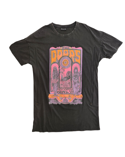 This upcycled Primark t-shirt dress (UK14/16) features a vintage-style design of The Doors in black with ornate orange, pink, and purple graphics—ideal for fans of preloved fashion and nursing or pumping convenience.