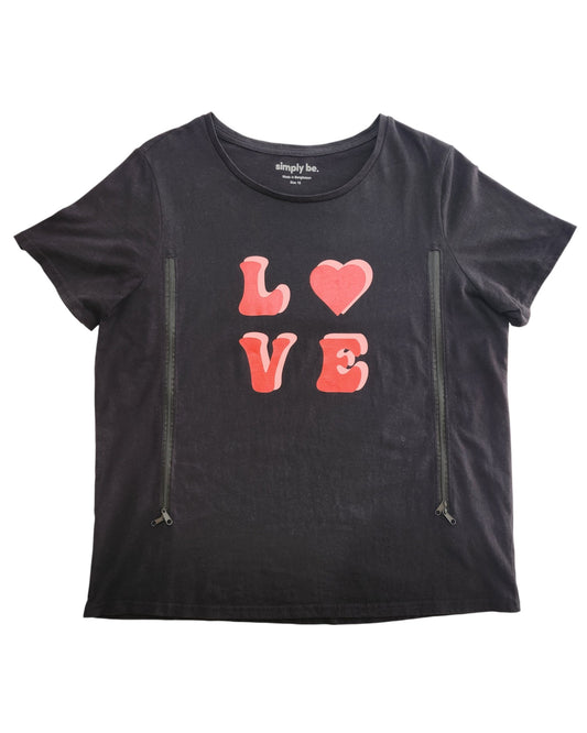 The Simply Be Upcycled Breastfeeding & Pumping Black Love t-shirt UK18 features short sleeves, bold red and pink LOVE lettering, and side zippers—an eye-catching preloved piece for stylish nursing or pumping moms.