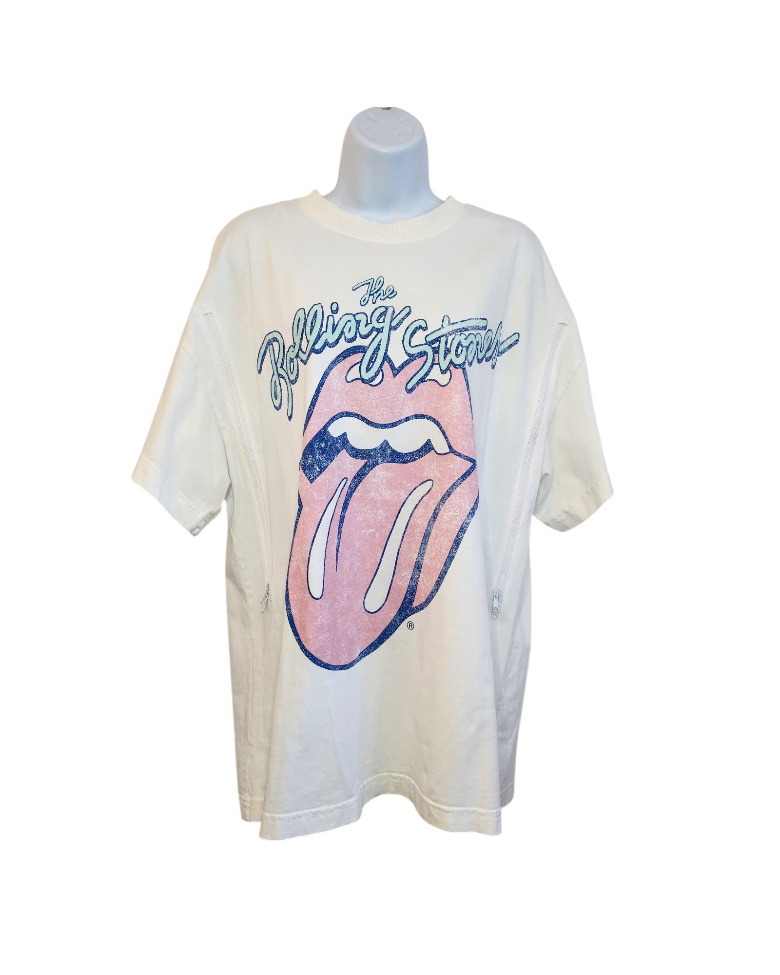 Displayed on a mannequin, this upcycled H&M White/Blue Rolling Stones Band T-shirt (size L) features the iconic tongue and lips logo and stylized text. Designed for breastfeeding and pumping, it offers unique style with an eco-friendly touch.