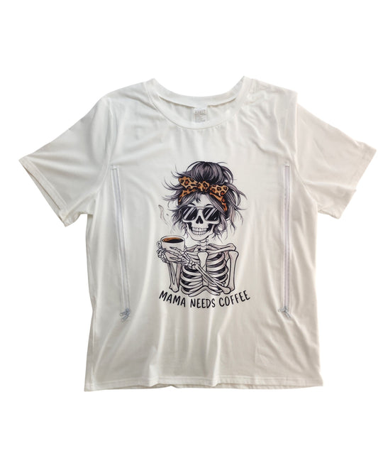 The Upcycled Breastfeeding & Pumping Mama Coffee t-shirt (XXL) features a skeleton woman with a messy bun and leopard-print headband, holding a coffee cup. Includes chest zippers and MAMA NEEDS COFFEE print—perfect for nursing moms. Brand: Unknown.