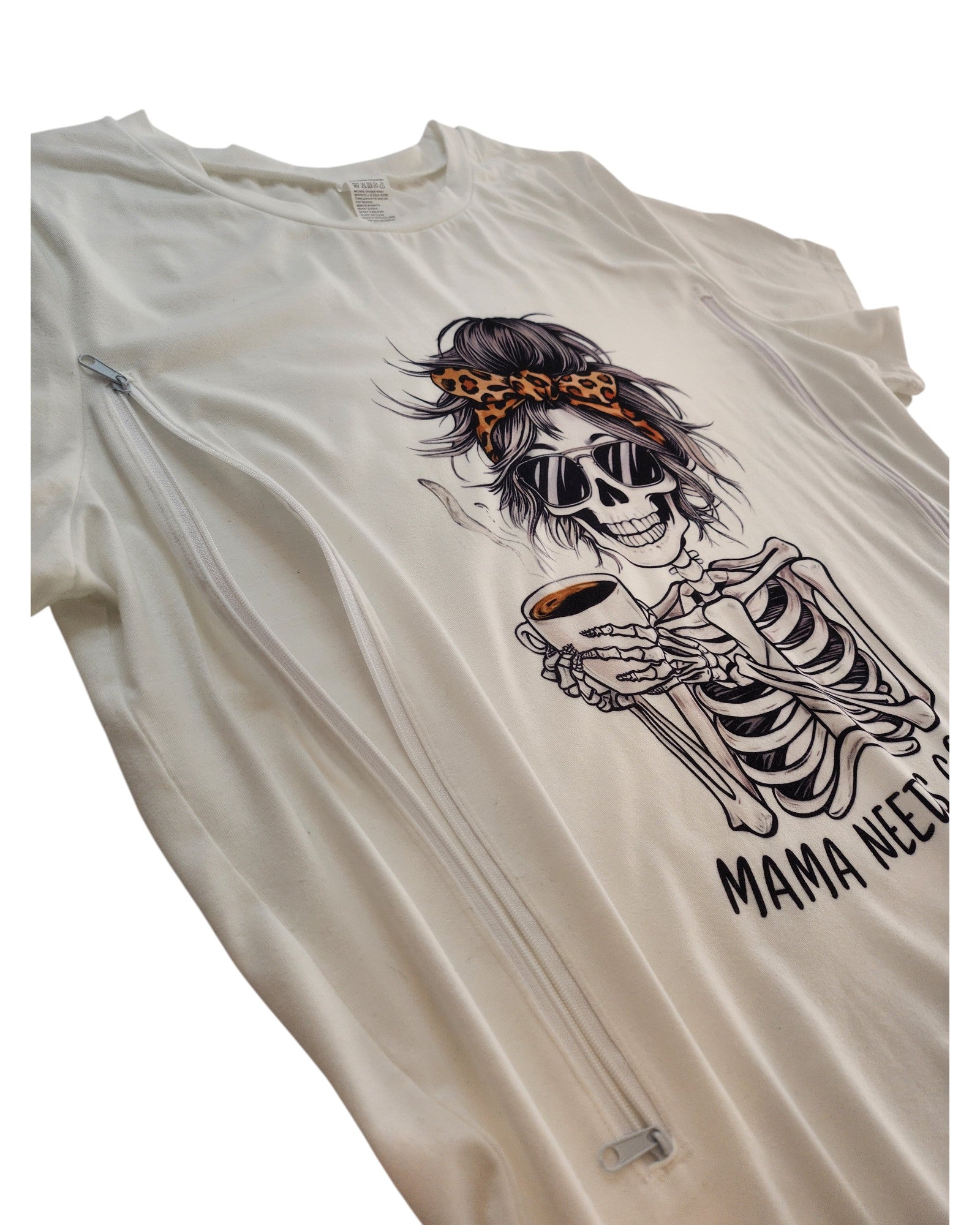 The Upcycled Breastfeeding & Pumping Mama Coffee t-shirt (XXL) features a skeleton with sunglasses, messy bun, leopard-print headband, and coffee cup. Includes side zippers for easy nursing or pumping; reads MAMA NEED COFFEE. Brand unknown.