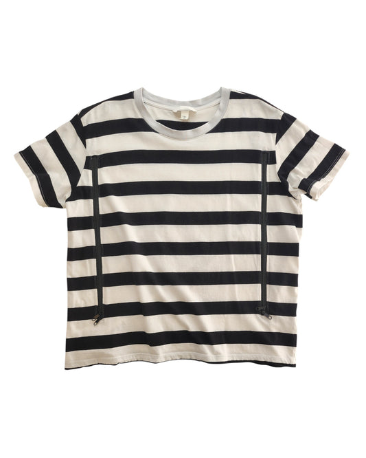 The H&M Upcycled Breastfeeding & Pumping Black/White Stripe t-shirt (L) features short sleeves, black and white horizontal stripes, and two vertical front zippers—ideal for stylish nursing.