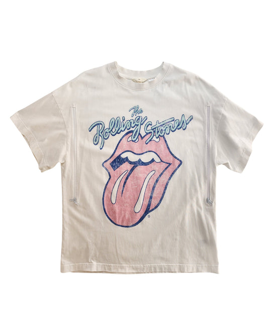 Upcycled H&M white/blue Rolling Stones band t-shirt (size L), designed for breastfeeding and pumping, features a large pink tongue and lips logo with blue script. Preloved item shown laid flat on a white background.