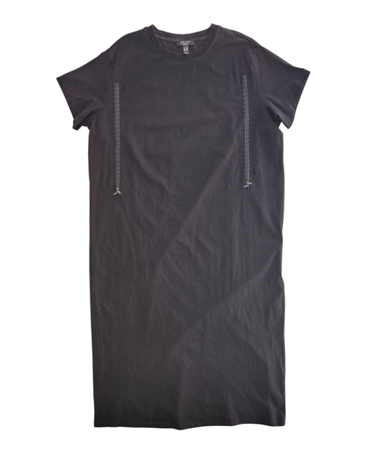 The New Look Upcycled Breastfeeding & Pumping Plain Black Maxi t-shirt dress UK22 features short sleeves, a round neckline, and two vertical front zippers for easy nursing. The dress is shown laid flat on a white background.