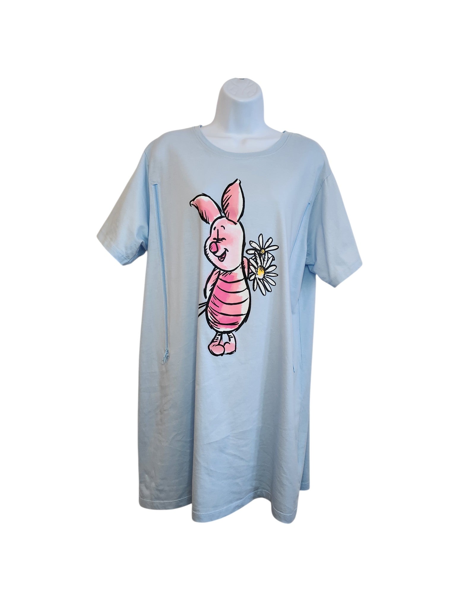 The Primark Upcycled Breastfeeding & Pumping Piglet Disney Nightshirt (L, UK14/16) features a cute cartoon piglet in stripes holding a daisy—a charming and eco-friendly sleepwear choice for nursing moms.