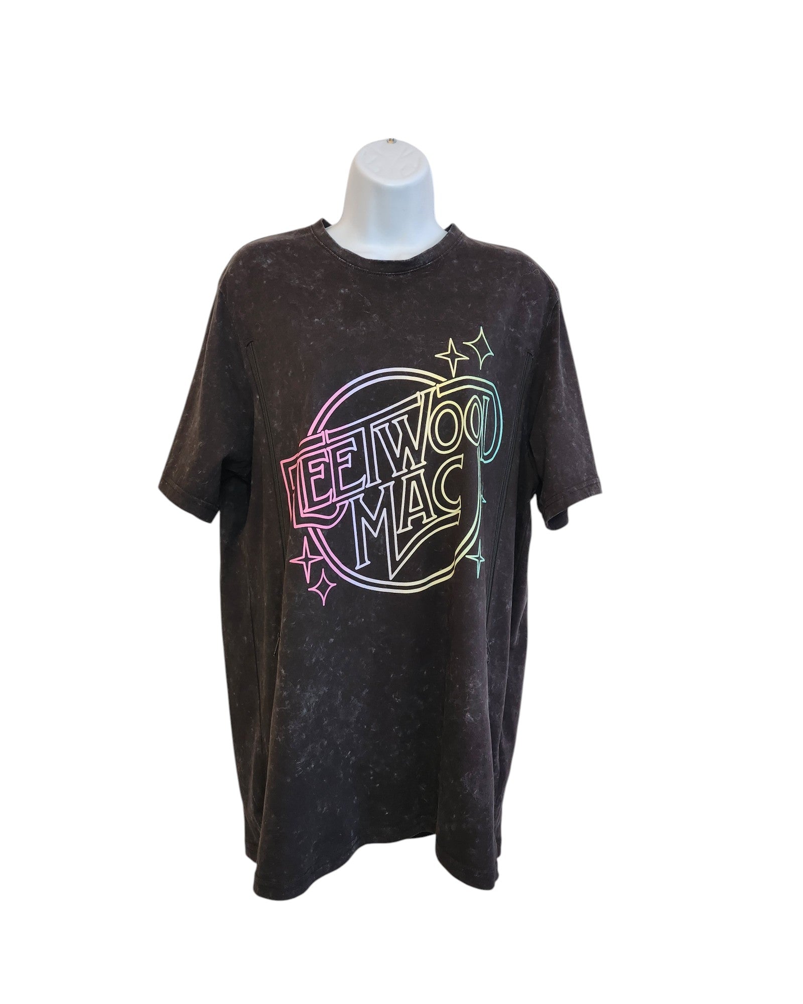 An upcycled black short-sleeve NEXT t-shirt (size M) for breastfeeding and pumping, features a vibrant retro Fleetwood Mac logo with stars and a planet—ideal for fans seeking unique, preloved fashion in rainbow colours.