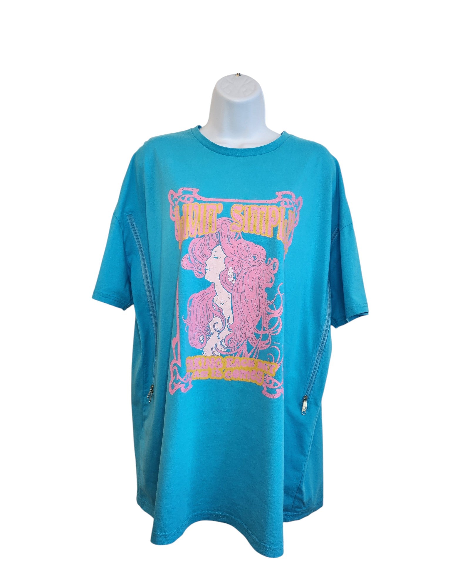 The Primark Upcycled Breastfeeding & Pumping Turquoise/Pink Girl t-shirt (M, UK12/14) features a colorful retro graphic and bold YOURSELF and KEEP CALM THE CHANGE text—perfect for unique style and sustainable fashion.