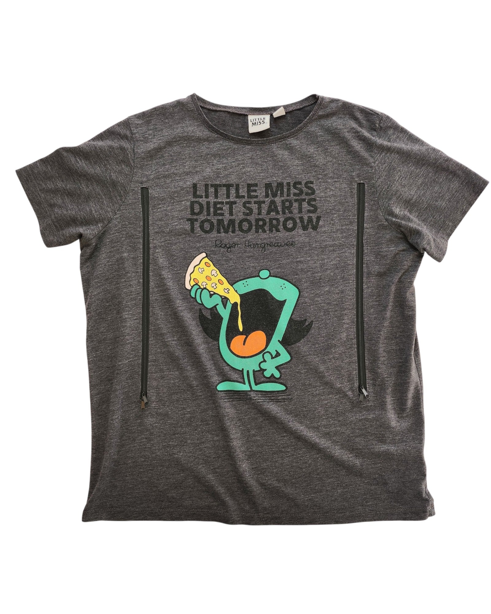 Primark Upcycled Breastfeeding & Pumping Little Miss Diet t-shirt (UK18): Gray tee with cartoon bird and LITTLE MISS DIET STARTS TOMORROW text. Features two vertical front zippers for easy, stylish nursing access.