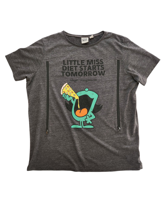 Primark Upcycled Breastfeeding & Pumping Little Miss Diet t-shirt (UK18): Gray tee with cartoon bird and LITTLE MISS DIET STARTS TOMORROW text. Features two vertical front zippers for easy, stylish nursing access.