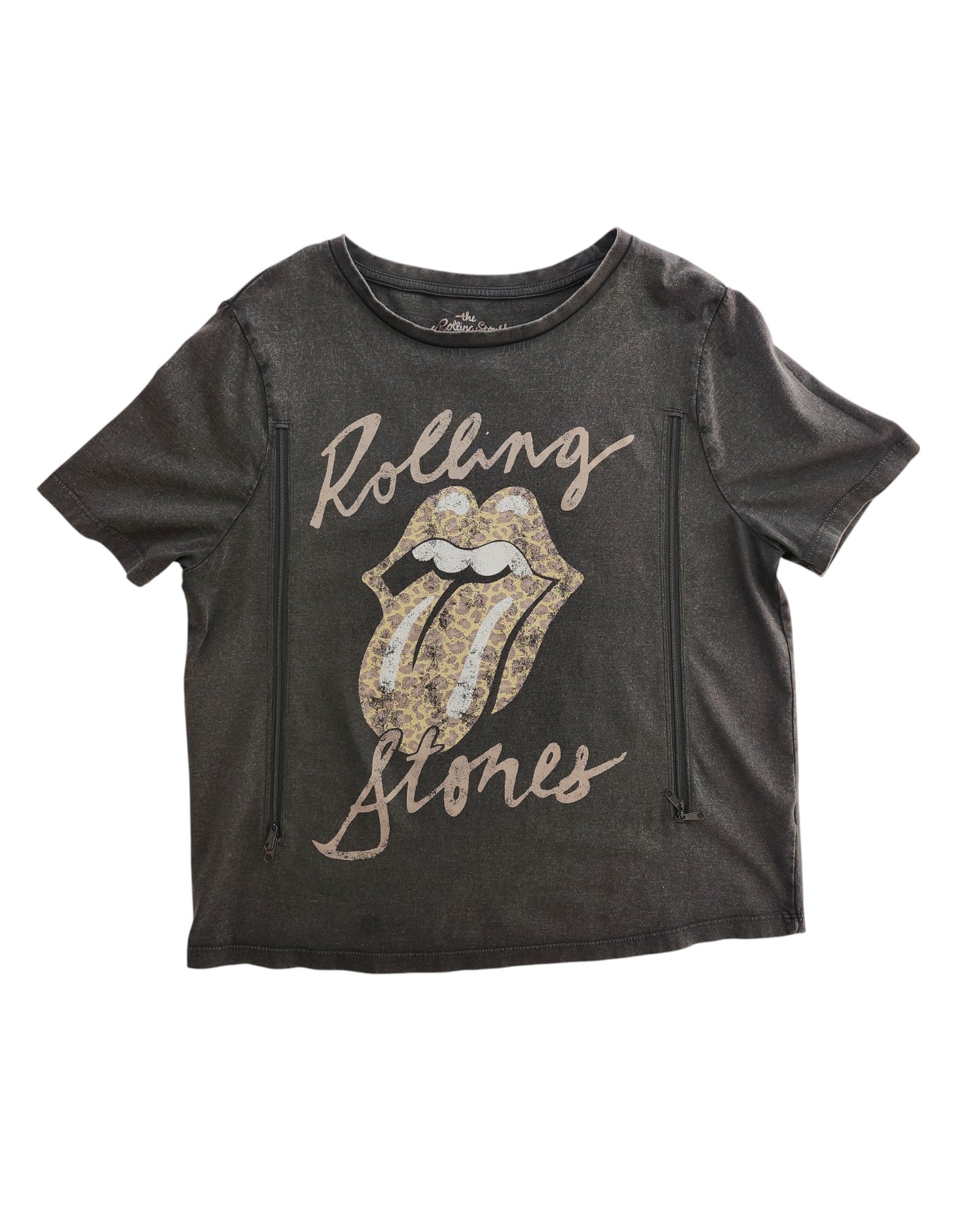 The Tu Upcycled Breastfeeding & Pumping Grey/Brown The Rolling Stones t-shirt (UK14) features the iconic logo and two front zippers for easy, stylish nursing or pumping access.