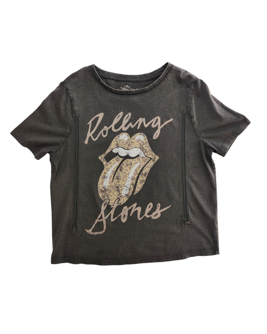The Tu Upcycled Breastfeeding & Pumping Grey/Brown The Rolling Stones t-shirt (UK14) features the iconic logo and two front zippers for easy, stylish nursing or pumping access.