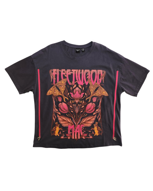 A dark grey upcycled Fleetwood Mac t-shirt (Primark, L/UK14/16) features floral designs, stylish band lettering, and is designed for breastfeeding and pumping—crafted from preloved clothing.
