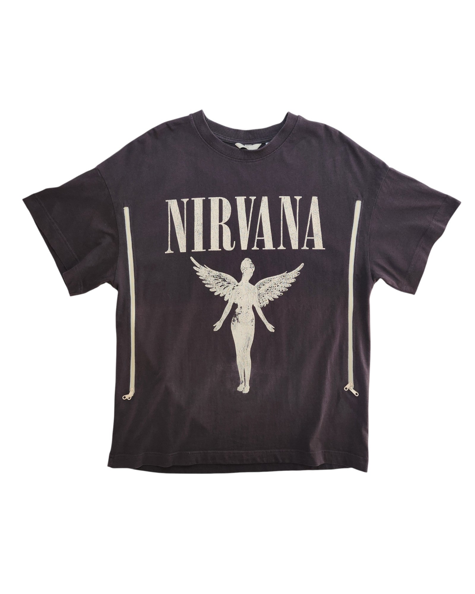 An upcycled dark grey/cream H&M Nirvana Angel t-shirt (size L), designed for breastfeeding and pumping—preloved, stylish comfort for fans.