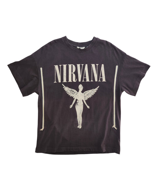 An upcycled dark grey/cream H&M Nirvana Angel t-shirt (size L), designed for breastfeeding and pumping—preloved, stylish comfort for fans.