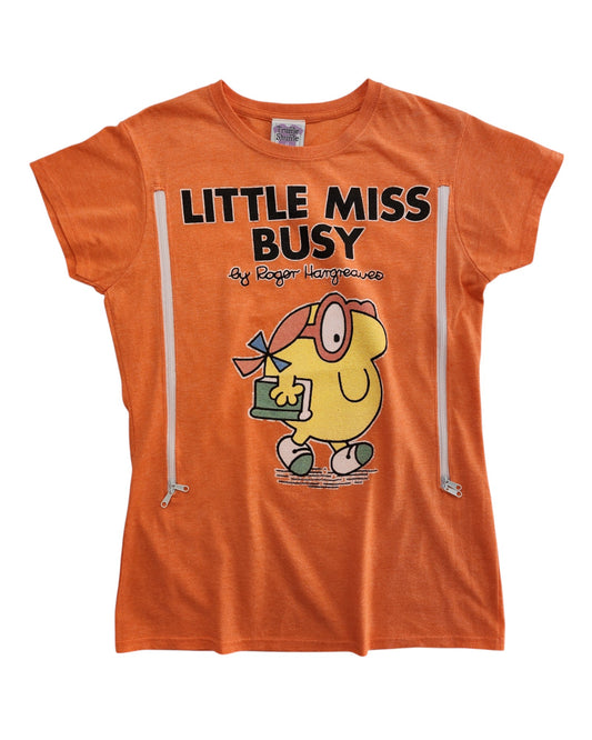 The Truffle Shuffle Upcycled Breastfeeding & Pumping Little Miss Busy t-shirt (M) features the character with a briefcase, “LITTLE MISS BUSY by Roger Hargreaves,” and 2 vertical zippers—eco-friendly fashion for easy nursing or pumping.