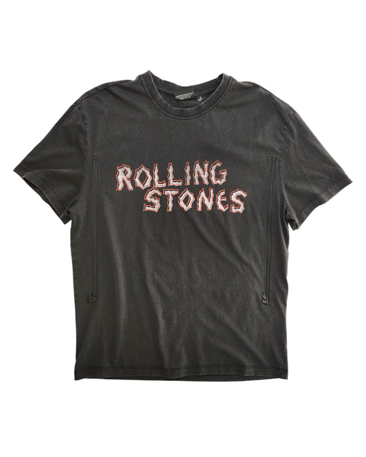 An upcycled black Primark t-shirt (size M) for breastfeeding & pumping, featuring “The Rolling Stones Voodoo” in bold pink and white lettering across the chest.