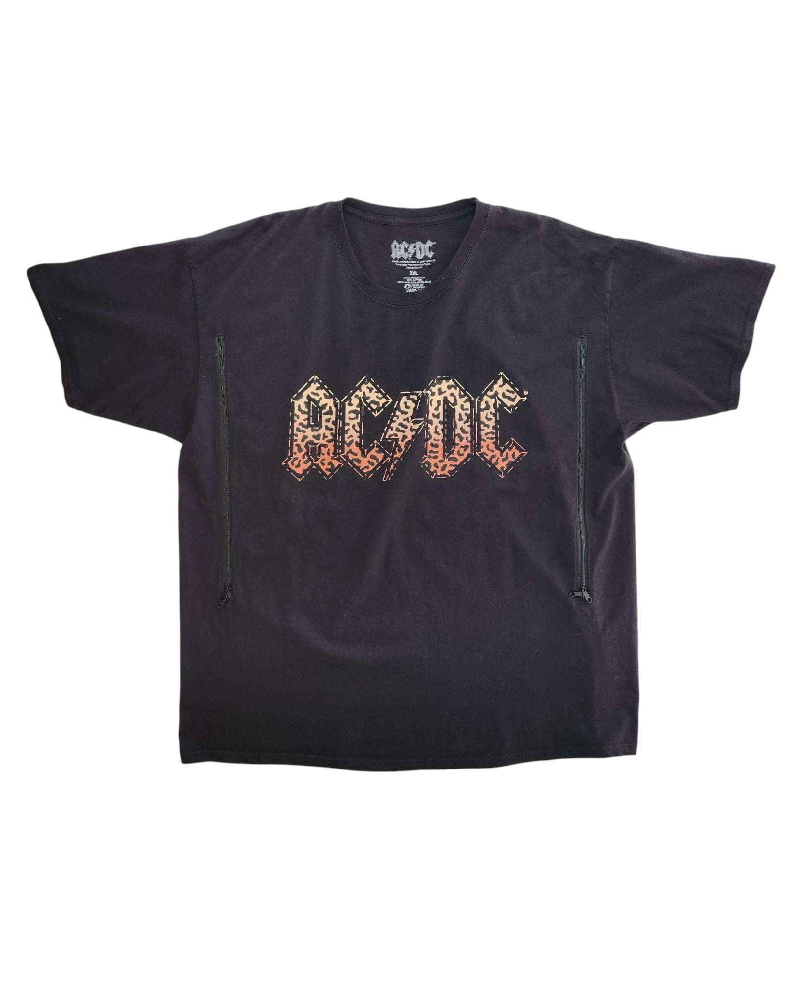 Upcycled AC/DC Leopard Band T-shirt (2XL) reimagined for breastfeeding and pumping, featuring bold center print and two side zippers—ideal for fans of unique, preloved fashion.