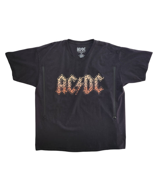 Upcycled AC/DC Leopard Band T-shirt (2XL) reimagined for breastfeeding and pumping, featuring bold center print and two side zippers—ideal for fans of unique, preloved fashion.