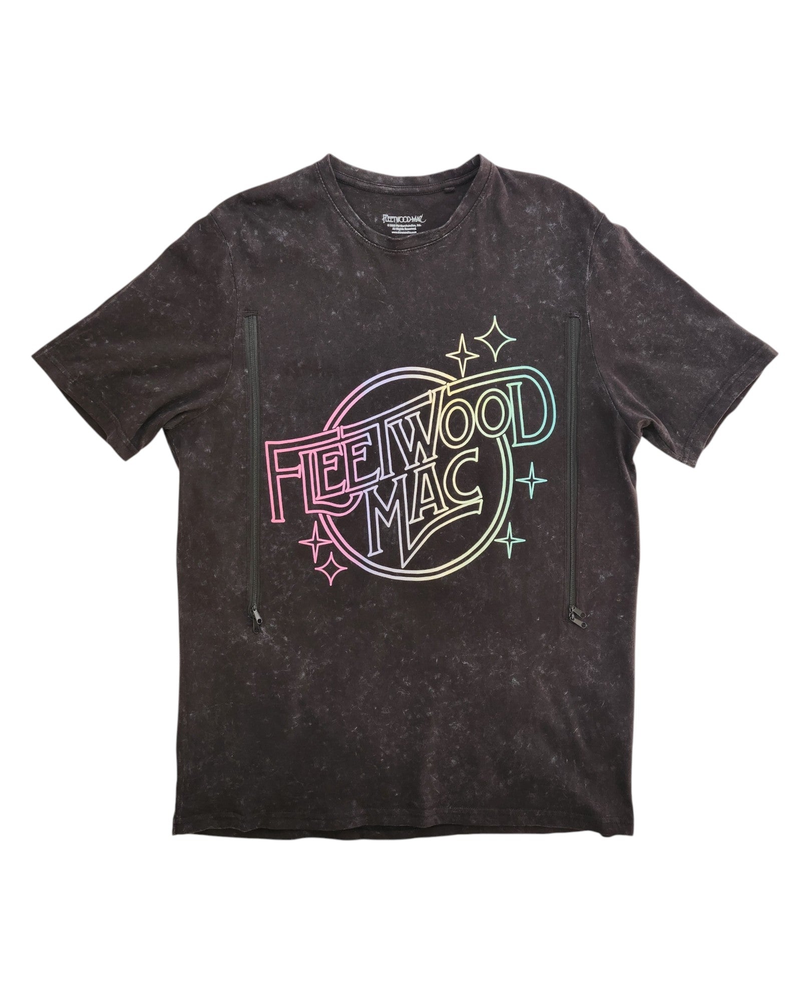 This black, preloved NEXT T-shirt in size M features a faded vintage wash, rainbow Fleetwood Mac logo with stars, and two chest zippers for easy nursing or pumping. Upcycled for breastfeeding moms.