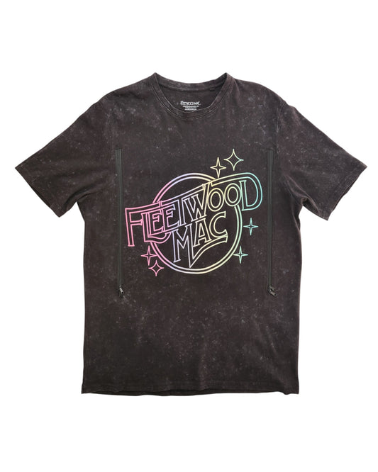 This black, preloved NEXT T-shirt in size M features a faded vintage wash, rainbow Fleetwood Mac logo with stars, and two chest zippers for easy nursing or pumping. Upcycled for breastfeeding moms.
