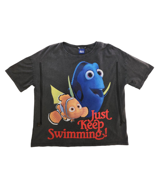 This preloved ZARA Upcycled Breastfeeding & Pumping Nemo T-shirt (size M) features animated Nemo and Dory with Just Keep Swimming! in bold red—perfect for nursing moms and Finding Nemo fans.